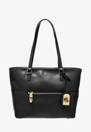 Sac cabas en cuir noir avec double poignée, poche zippée avant avec fermeture dorée, et une étiquette logo RL dorée suspendue à une des poignées.
