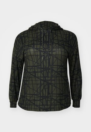 Olivgrön hoodie med ett svart abstrakt mönster, långa ärmar, snörning i huvan och en mjuk textur. Avslappnad design som passar för vardagsbruk.