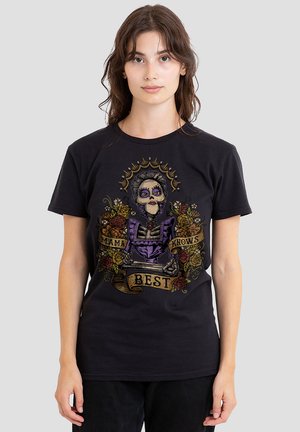 Black cotton t-shirt featuring a colorful skeleton design with floral accents and the text "Mama Knows Best" on the chest.