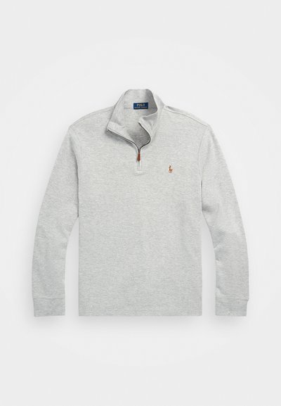 Pullover cinza-claro de mangas longas com fecho de correr em quartzo e pequeno logótipo bordado da Polo Ralph Lauren no lado esquerdo do peito.