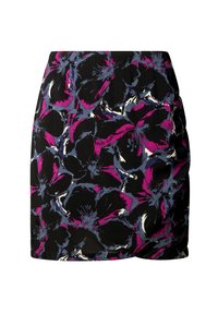 Schwarzer Rock mit floralem Muster in Lila, Blau und Weiß. Das Design weist ein gerafftes Seitendetail und eine Markenkennzeichnung am Saum auf.