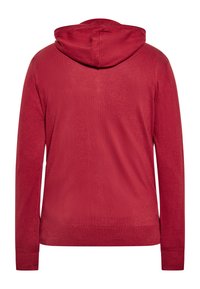Felpa rossa con cappuccio, maniche lunghe, design semplice e vista posteriore che mostra un tessuto testurizzato. Presenta un cappuccio grande e arrotondato.