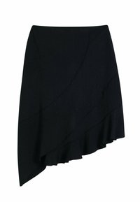 Black asymmetrical skirt with a textured fabric, featuring a flared ruffle at the hem and curved seam lines for added design detail.