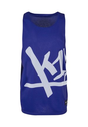 Blue mesh tank top with a round neckline, featuring a large white graphic design. Material is lightweight and breathable. Black brand label included.