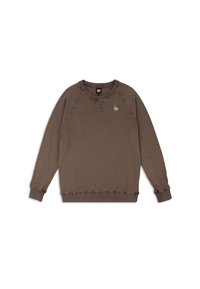 Brown sweatshirt made of soft fabric, featuring a round neckline, ribbed cuffs, and hem, with a small embroidered logo on the chest.