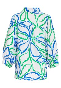Witte blouse met een botanisch ontwerp in blauw en groen. Het heeft een kraag en ballonmouwen, met een rechte zoom en een centrale achternaad.