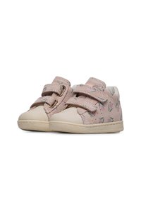 Scarpe floreali per bambini di colore rosa con due strappi in velcro, una punta testurizzata e un tallone liscio. Presentano una suola di gomma color crema.