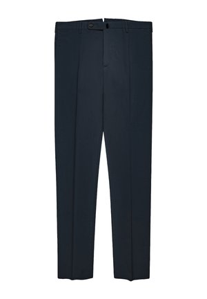 Dunkelblaue, maßgeschneiderte Herren-Anzughose mit Gürtelschlaufen, vorderer Knopf- und Reißverschluss sowie gebügelten Bügelfalten an den Beinen.