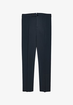 Pantaloni da uomo sartoriali di colore blu scuro con passanti per cintura, chiusura frontale con bottone e cerniera, e pieghe stirate lungo le gambe.