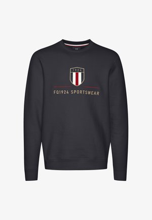 Mørkeblå sweatshirt med rund hals, prydet med et broderet logo i guld samt farverne rød, hvid og blå. Blød tekstur, casual pasform.