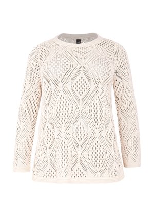 Pull long aux teintes beige clair en maille ajourée, arborant un motif en diamant et un col rond. Le design texturé améliore la respirabilité.
