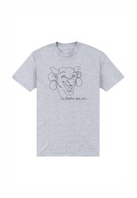 Šedé bavlněné tričko s jednoduchým, nepřerušeným liniovým nákresem krávy a textem "La vache qui rit" pod ním.