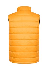 Ärmellose, gep quiltete orangefarbene Steppweste mit hohem Kragen, von hinten auf einem weißen Hintergrund präsentiert.