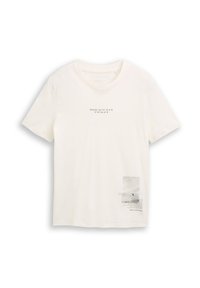 Crème kleurig katoenen t-shirt met een grafische print met coördinaten en tekst op de voorkant en een klein gedrukt detail linksonder.