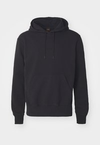 Svart långärmad hoodies med framfickor, dragsnören, ribbade muddarna och diskret "BOSS"-logotyp på bröstet.