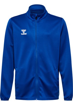 Veste bleu zippée en tissu lisse. Dispose d'un col haut, de poches latérales et d'un logo blanc sur la poitrine gauche.