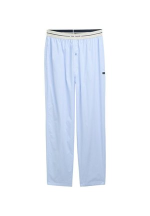 Pyjama rayé bleu clair avec une taille élastique. Fabriqué en tissu doux, il dispose d'une fermeture à boutons et d'un petit logo sur le côté.