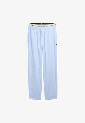 Lichtblauwe gestreepte pyjama's met een elastische tailleband. Gemaakt van zachte stof, met een knoopsluiting en een klein logo-detail aan de zijkant.