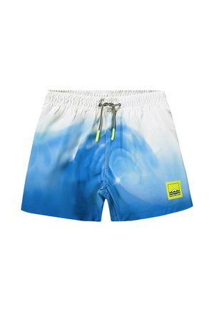 Short de bain dégradé bleu et blanc avec taille élastique, cordon noir et blanc avec embouts jaunes, et patch logo jaune sur la jambe.