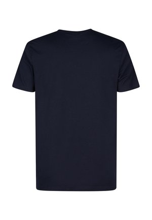 Donkerblauw katoenen T-shirt met korte mouwen, ronde hals en een effen achterkant. Zachte textuur, standaard pasvorm, zonder zichtbare logo's of patronen.