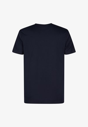 Donkerblauw katoenen T-shirt met korte mouwen, ronde hals en een effen achterkant. Zachte textuur, standaard pasvorm, zonder zichtbare logo's of patronen.
