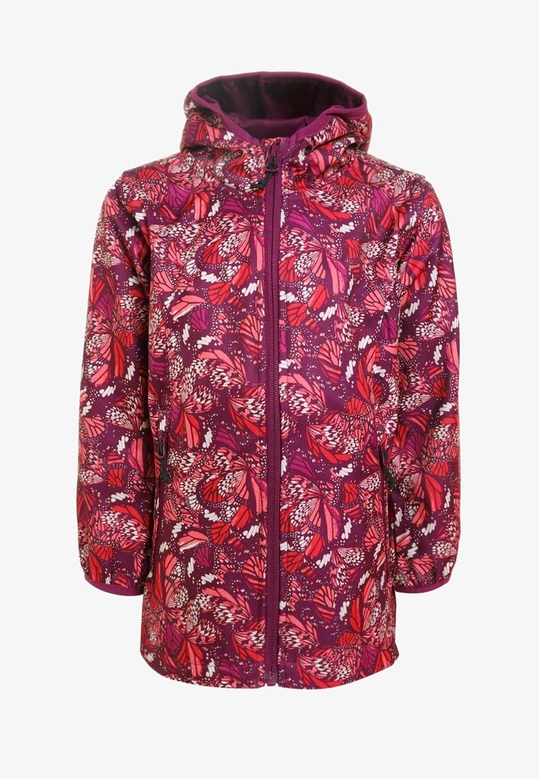 Vibrant purple jacket with a butterfly pattern in red and pink, featuring a hood and a front zipper closure. Made from a lightweight fabric.