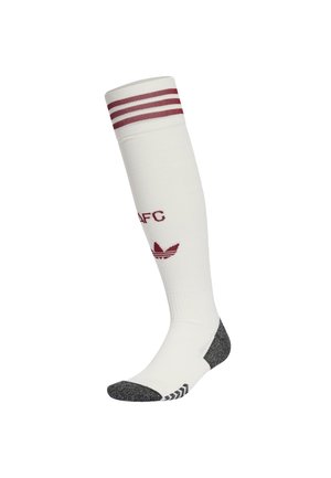 Hvide knæhøje sokker med røde striber øverst. Har maroon tekst og logo, samt grå mønstrede tå og hæl. Blødt materiale.