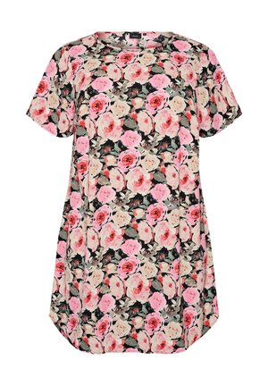 Lillelise mustriga lühikeste varrukatega tuunika, millel on roosad ja beežid roosid mustal taustal, ümara kaelusega ja lõdva istuvusega.