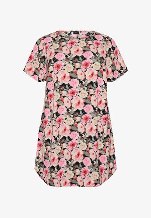 Tunique florale à manches courtes avec des roses roses et beiges sur un fond noir, col rond et coupe décontractée.