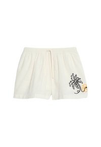 Witte katoenen shorts met een elastische tailleband en trekkoord, voorzien van zwarte en gele bloemenborduursel aan de onderkant.