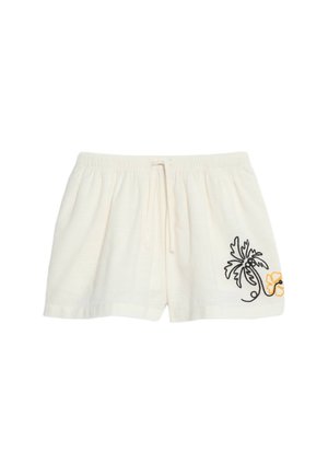 Witte katoenen shorts met een elastische tailleband en trekkoord, voorzien van zwarte en gele bloemenborduursel aan de onderkant.