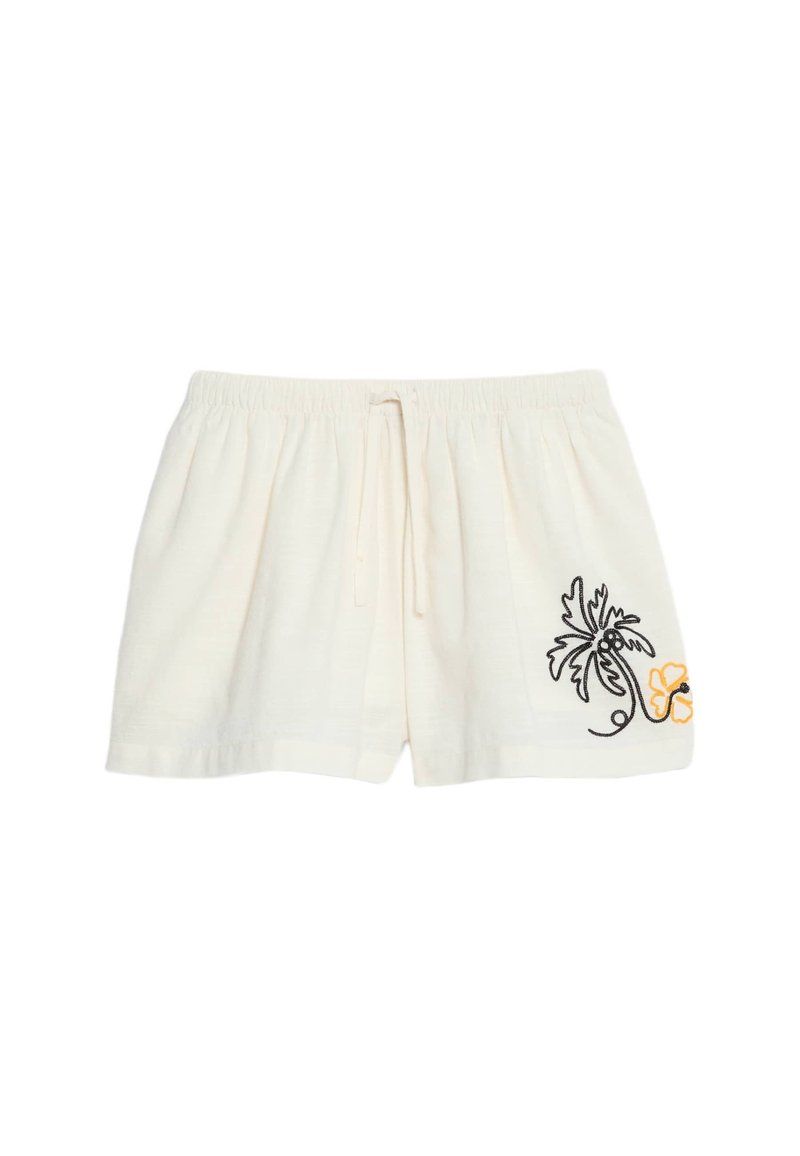 Witte katoenen shorts met een elastische tailleband en trekkoord, voorzien van zwarte en gele bloemenborduursel aan de onderkant.