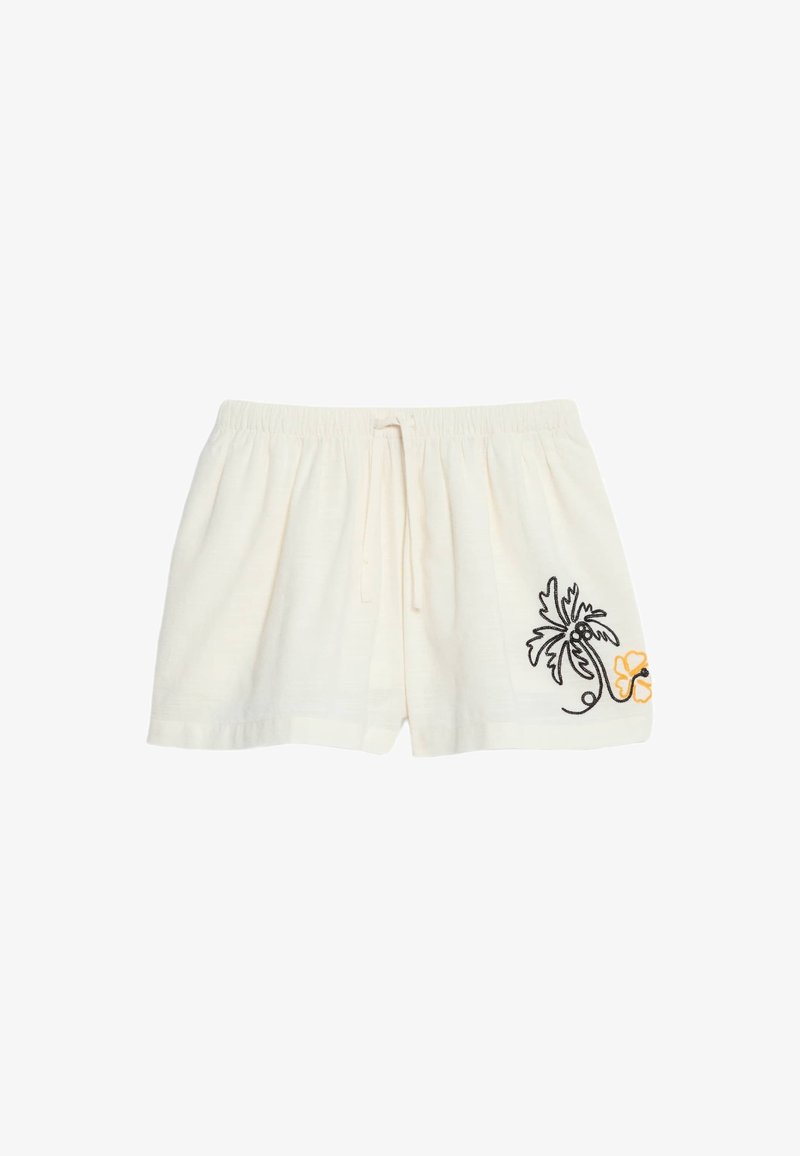 Pantalones cortos de algodón blanco con cintura elástica y cordón, que presentan bordados de flores en negro y amarillo en la parte inferior.