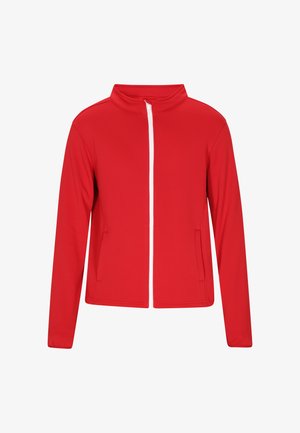 Rote Zip-Jacke mit hohem Kragen, langen Ärmeln und zwei Seitentaschen. Verfügt über einen weißen Reißverschluss und einen glatten, dehnbaren Stoff.