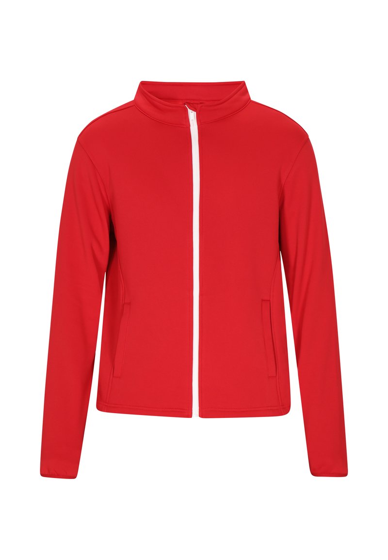 Punainen vetoketjullinen takki, jossa on korkea kaulus, pitkät hihat ja kaksi sivutaskua. Siinä on valkoinen vetoketju ja sileä, venyvä kangas.