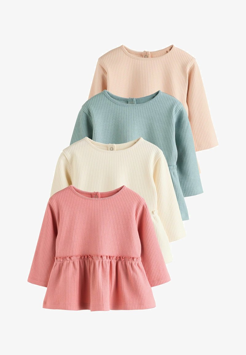Tops en tricot côtelé à manches longues en rose, bleu pâle, crème et pêche, avec une taille à volants et une fermeture à boutons au dos.