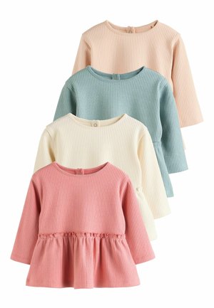 Rippstrick langärmlige Oberteile in Rosa, Hellblau, Creme und Pfirsich mit einer Rüschentaille und Knopfverschluss am Rücken.