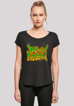 Black short-sleeve t-shirt with a scoop neckline, featuring vibrant, multicolored graffiti-style text "BILLIE EILISH" prominently displayed.