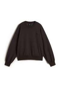 Brown sweatshirt with a crew neckline, long sleeves, ribbed cuffs, and hem. Features a small black logo on the front. Soft material.