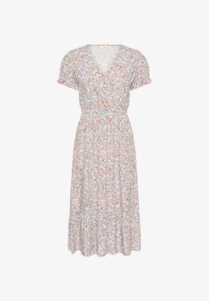 Kukallinen mekko V-avolla, lyhyet puff-hihat, joustava vyötärö ja liehuva hame. Taustalla vaaleansininen väri ja värikkäitä kukkakuoseja.