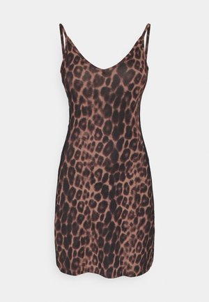 Leopárdmintás ruha V-nyakkivágással és vékony pántokkal, testhezálló szabással, sima, könnyű anyagú barna és fekete színekben.