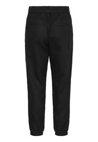 Black linen jogger pants with an elastic waistband, cuffed ankles, and two back pockets. Smooth texture with a relaxed fit.