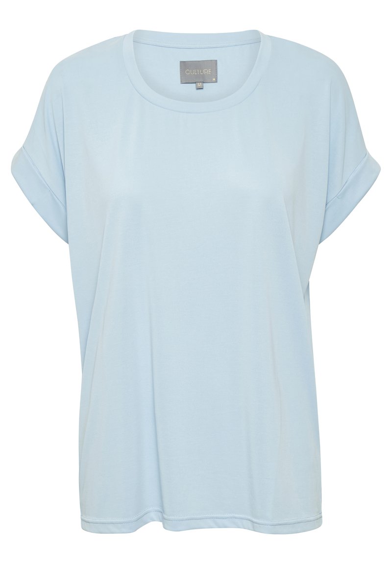 Šviesiai mėlyna trumpa rankovė marškinėliai, minkšta medžiaga, apvalus kaklas, užrišti rankogaliai, laisvas kirpimas ir paprastas dizainas be raštų ar puošmenų.