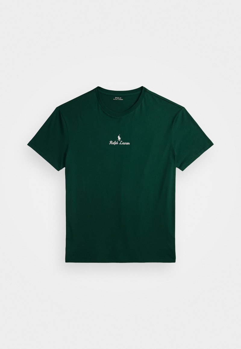 Grønn bomull t-skjorte med rund hals, korte ermer og hvit brodert "Ralph Lauren"-logo på brystet. Glatt tekstur, enkelt design.