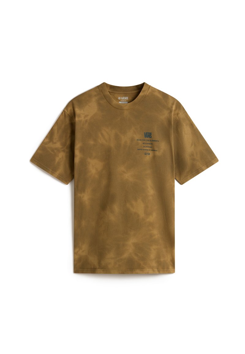 Brun tie-dye t-shirt lavet af bomuld, med korte ærmer og rund hals. Inkluderer trykt logo og tekst i blå på brystet.
