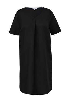 Abito nero a maniche corte con scollo a V e dettagli plissettati sul davanti, realizzato in un tessuto morbido, con un accento blu lungo lo scollo.