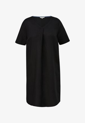 Črna obleka s kratkimi rokavi in V-izrezom, z nagubanimi detajli spredaj, izdelana iz mehkega materiala, ki ima modro akcentacijo ob izrezu.