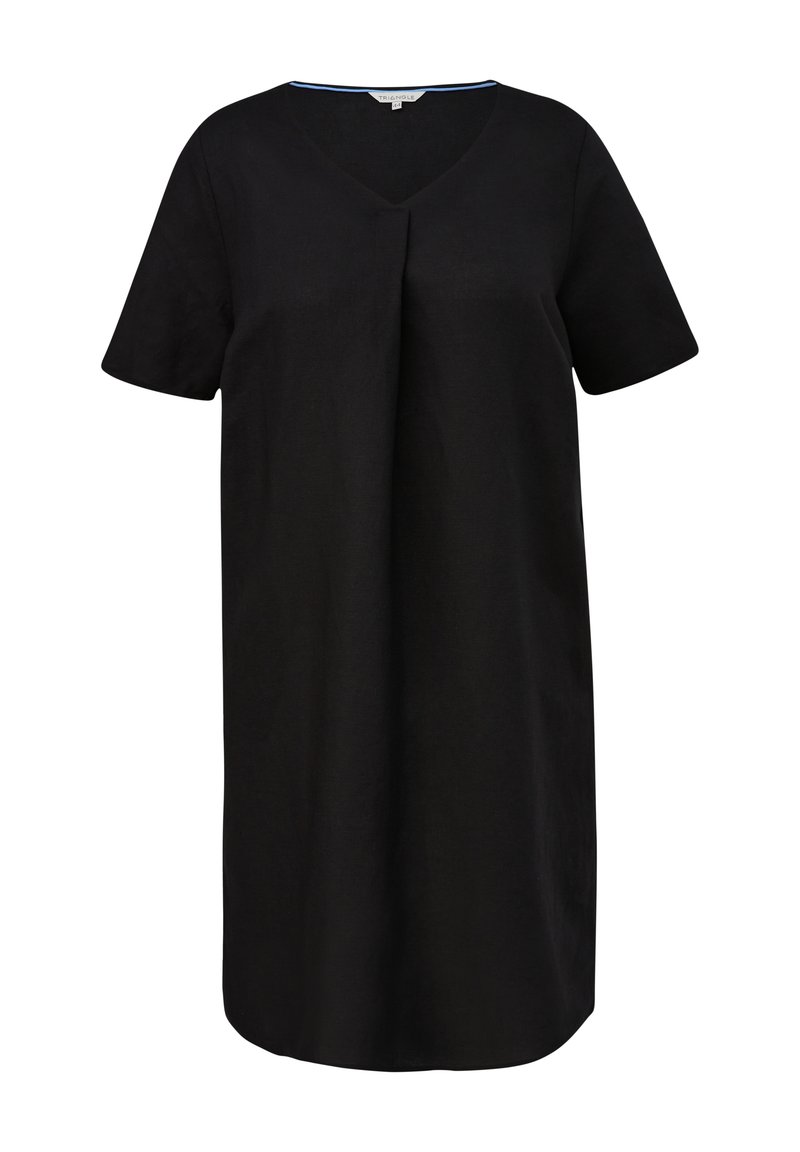 Schwarzes Kurzarmkleid mit V-Ausschnitt und gefälteltem Vorderteil, aus einem weichen Stoff gefertigt, mit einem blauen Akzent entlang des Ausschnitts.