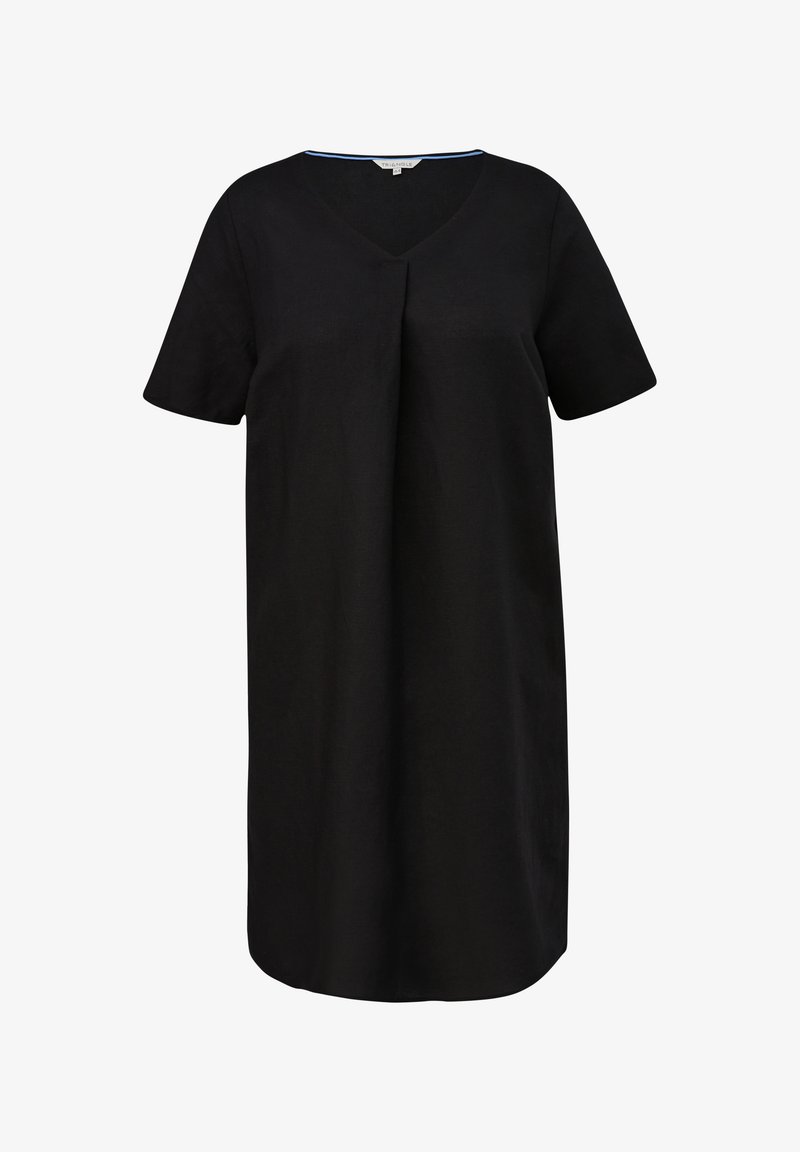 Čierne šaty s krátkymi rukávmi a výstrihom do V s plisé detailom vpredu, vyrobené z mäkkej textílie, s modrým akcentom pozdĺž výstrihu.