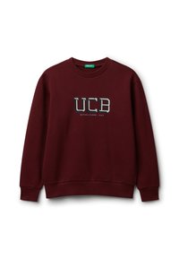 Felpa girocollo color marrone scuro con polsini e orlo a coste, che presenta il testo "UCB Fondato nel 1965" centrato sul petto.